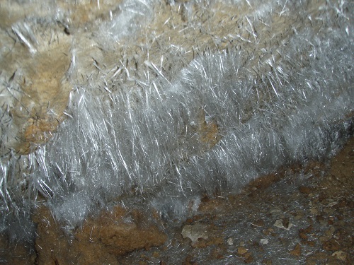 Hair-like crystals of gypsum in B & O Cave.