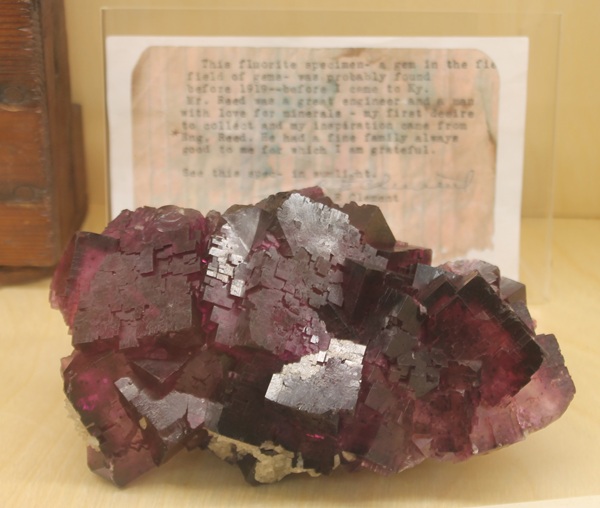 ext: This fluorite specimen is a gem in the field of gems was probably found before 1919 (before I [Ben Clement] came in Ky. Mr. [Edwin] Reed[er] was great [mine] engineer and a man with a love of minerals - my first desire to collect and my inspiration came from Eng. Redd[er]. He had a fine family always good to me for which I was grateful.  See this specimen in sunlight.