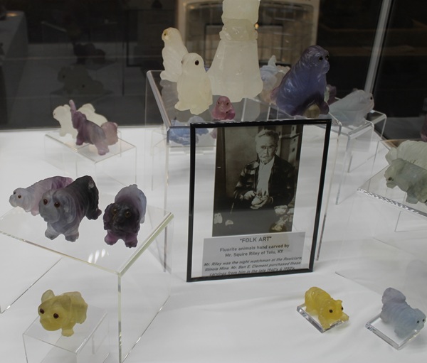 Squire Riley fluorite carvings in the Clement Mineral Museum collection.