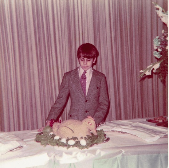 A young Alan (circa 1972) in front of a chicken shaped dish of chopped liver.