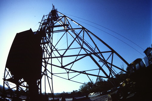 Fisheye lens photo of the Annabel Lee mine headframe in 1987. Chris Anderson photo.