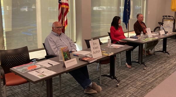 My empty chair, Erv Klein, Meghan N Simpson and Darrell Zuercher at the Jeffersonville library on October 12, 2023