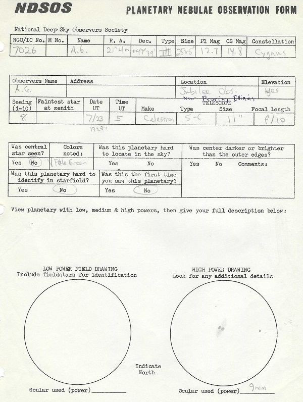 Recording sheet for NGC 7026 by Alan Goldstein, observed from Peoria, Illinois. 