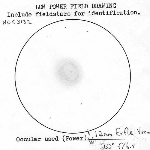 NGC3132 looks like a smoke ring in most telescopes. Alan's sketch with a 20" telescope.