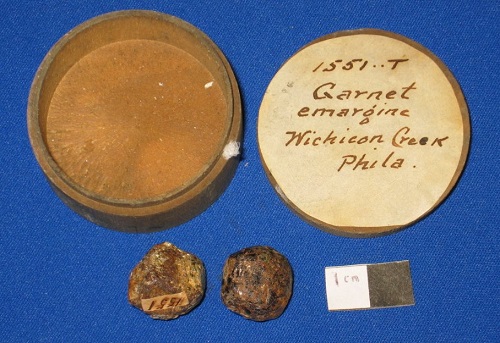 Garnet crystals from Gerard Troost's mineral collection, collected in the 1810s. The label is in his handwriting. 