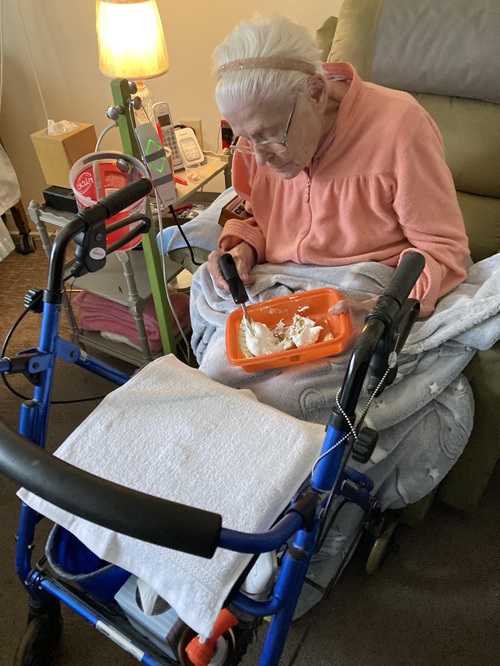 Martha Meyer demolishing Emily's pumpkin pie about two weeks before she passed. 