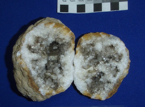 Geode with manganese oxide coating quartz. Found in a rock dump at the Corydon Quarry, so the exact source is unknown, but from Indiana. 