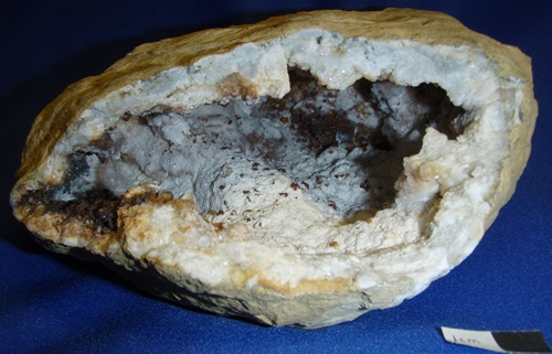 Not all calcite geodes have distinct crystals. This one has very small crystals, coated with a crust of micro-crystalline calcite. It fluoresces and phosphoresces beautifully! Bullitt Co., Kentucky. Collected April 1985. 