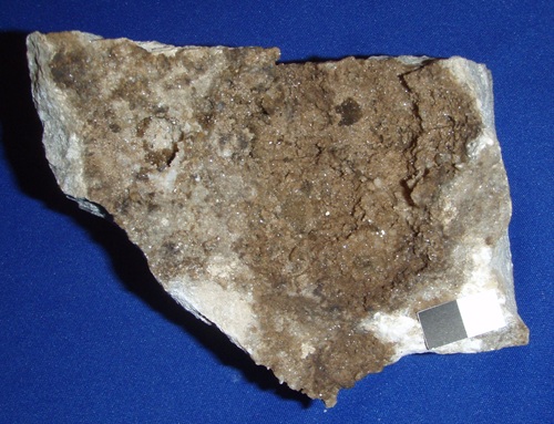 Strontianite forms dark brown balls in petroleum-stained quartz. The Muldraugh dome was a natural oil reservoir and occasionally geodes were found with liquid or dry oil inside. From KY 1638 during road construction in 1991, Fort Knox, KY