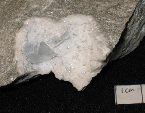 A cluster of celestine in blue, gemmy pseudo-octahedral crystals on quartz. Collected in 1991 during construction of the new Hwy 1638 near Fort Knox, KY.