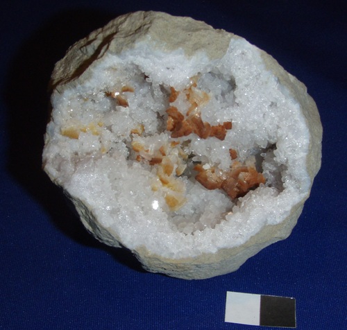 Ferroan dolomite is dolomite with a little iron. This beautiful geode is from the road cut near Harrodsburg, Indiana. 2 cm scale.