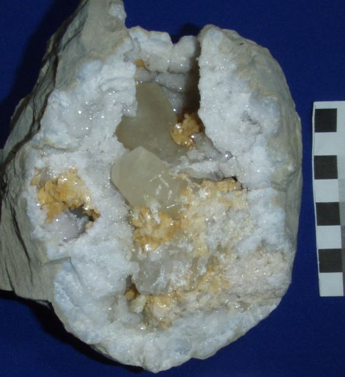 A geode with quartz, calcite, dolomite, and barite. From Harrodsburg, Indiana road cut.