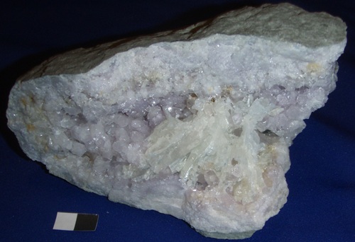 Celestine in amethystine quartz, from Kings Mountain, Lincoln Co., Kentucky.