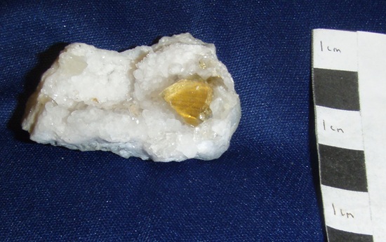 Celestine in a blocky, yellow crystal from the cement quarry in Mitchell, Indiana.