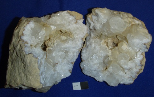 Calcite with manganese dendrites (on the left side). This geode shows evidence of weathering before it was exposed on the road cut. Collected in the early 1980s, Harrodsburg, IN. 