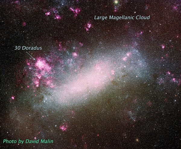 The Large Magellanic Cloud is the largest dwarf galaxy in the Local Group. David Malin/NASA photo.