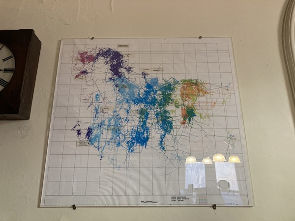 A color-coded map of the copper mines around Bisbee. There are about 2,000 miles of tunnels! (Most are flooded.) The colors represent different mines. The last underground mine shut down in 1975.