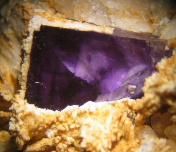 Photo Ba3, Barite both coating and inside (overgrown by) a fluorite cube, from the old Cleveland mine, Hastie's property, collected October 17, 1987. FOV ~2 cm