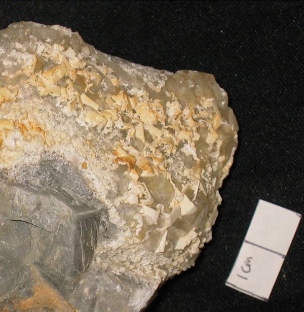 Photo Ba4, Barite forming casts over witherite or celestine on calcite, from the old Cleveland mine, Hastie's property, collected October 17, 1987.