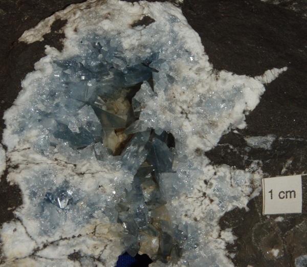 Photo Cl2, Celestine geode or vug in the Fort Payne Formation. Collected at the Slats Lucas Quarry in Livingston Co., KY, on March 21, 2008.