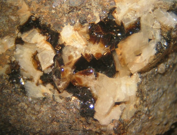 Photo Hy3, Petroleum on dolomite, an unusual association in sphalerite, from the Hutson Zinc mine in Livingston Co., KY. FOV = 35mm