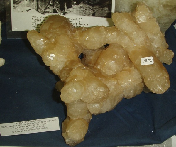 Photo C7, Calcite in intergrown crystals, from the Knight mine. Ben E. Clement Mineral Museum specimen.