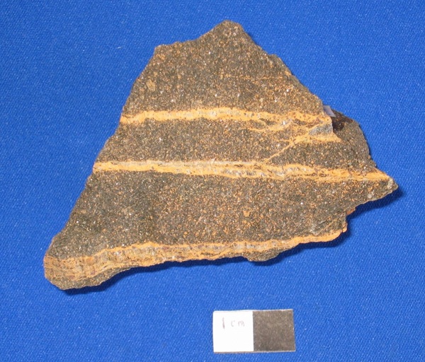 Photo Ank1, Possible ankerite veins cutting through the igneous alnoite dike at the Hutson mine. It could also be ferroan dolomite.