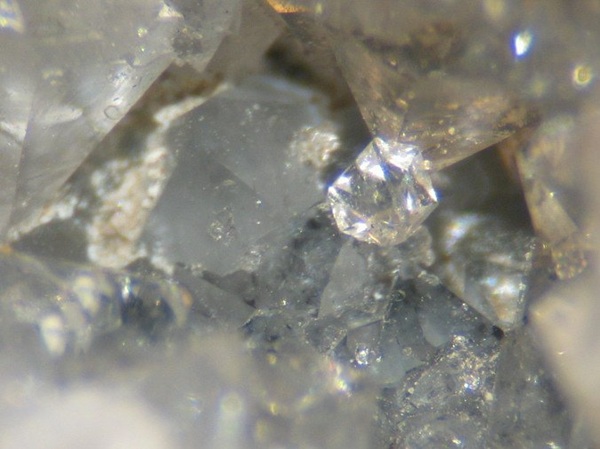 Blue and colorless quartz from the Deardorff mine dump, collected August 31, 1991. The cause of the blue color is unknown. FOV ~8 mm.
