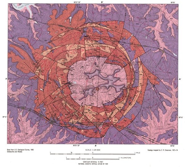 Map of Jeptha Knob, Shelby Co., Kentucky. The radial and radiating dashed likes represent faults. The double solid line at the bottom is Interstate 64, the single line toward the top is Highway US 60. 