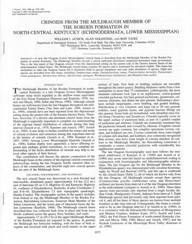 First page of the article on Crinoids from the Muldraugh Member of the Borden Formation in North-Central Kentucky, published in 2000.