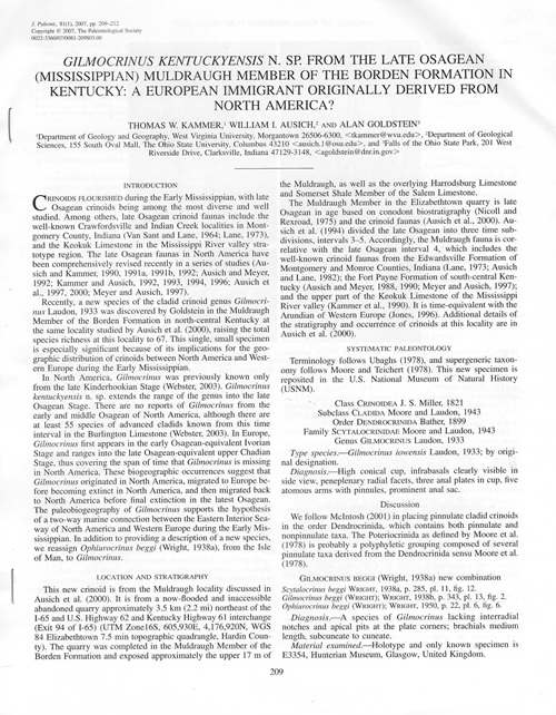 First page of article, A New Species of Gilmocrinus from the Muldraugh Formation, Osagean, Middle Mississippian, from Hardin Co., Kentucky, published in 2007