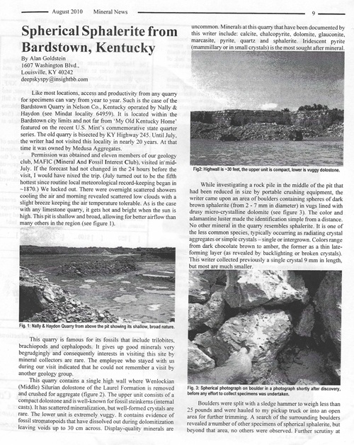 Spherical sphalerite from Bardstown, KY Mineral News, 2010
