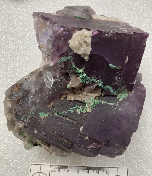 Photo Mal4, Malachite on fluorite in a crust. Mine unknown. Ben E. Mineral Museum Collection.