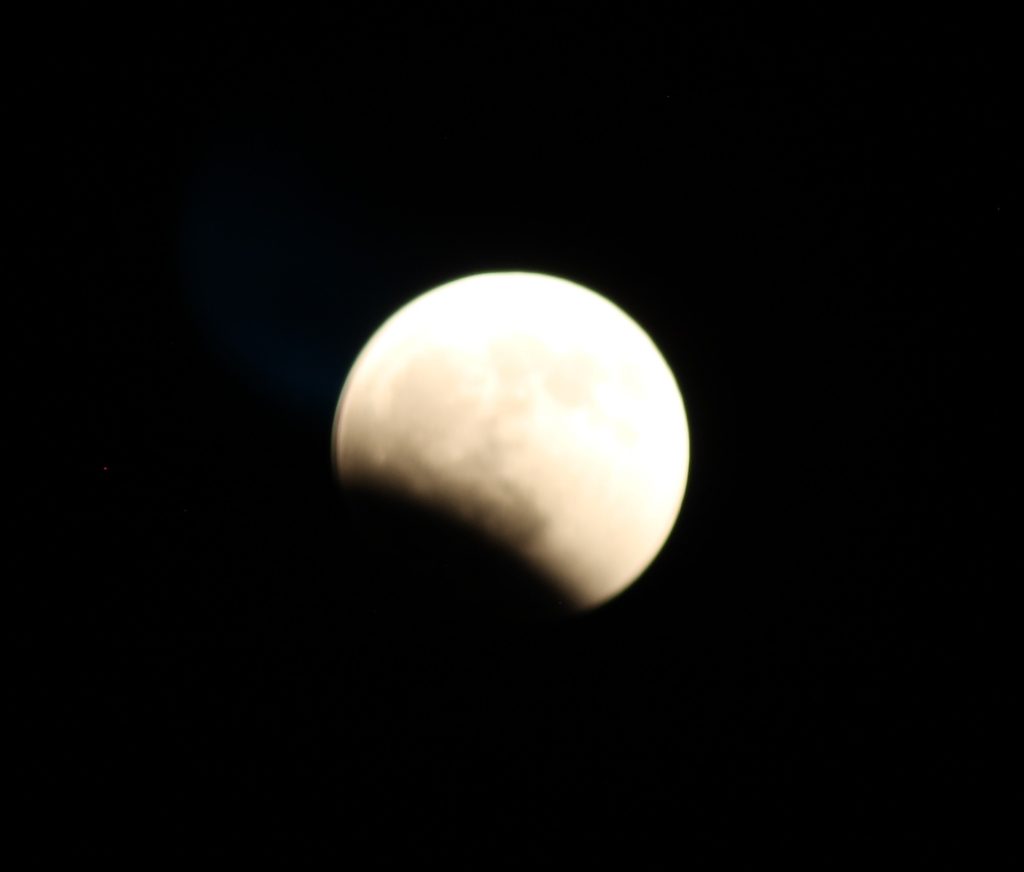 The moon is about 25% covered. Not the fuzzy border from the shadow of Earth's atmosphere.