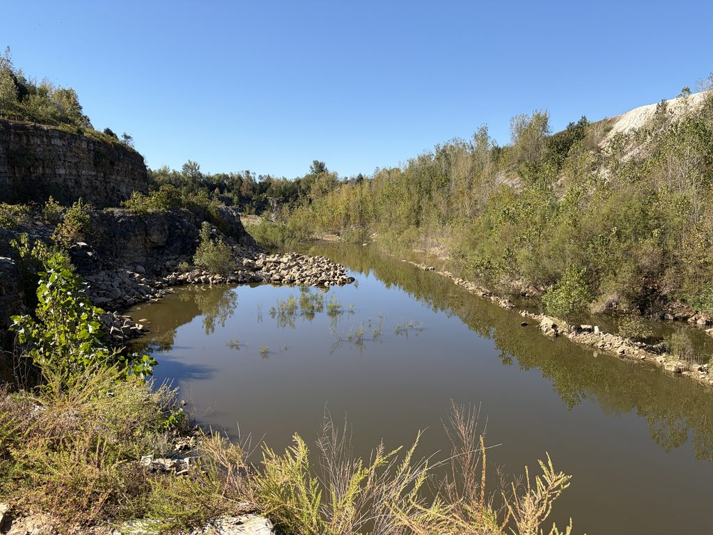 View from the top of the ledge on the north side of the lower pit, facing south. And this is the pit mostly drained!